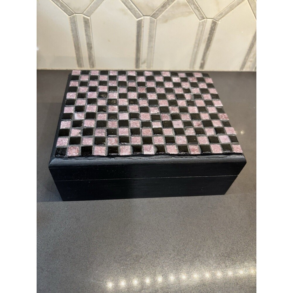Artisan Handmade Checkered Mosaic Decorative Wooden Jewelry Box – Black & Pink